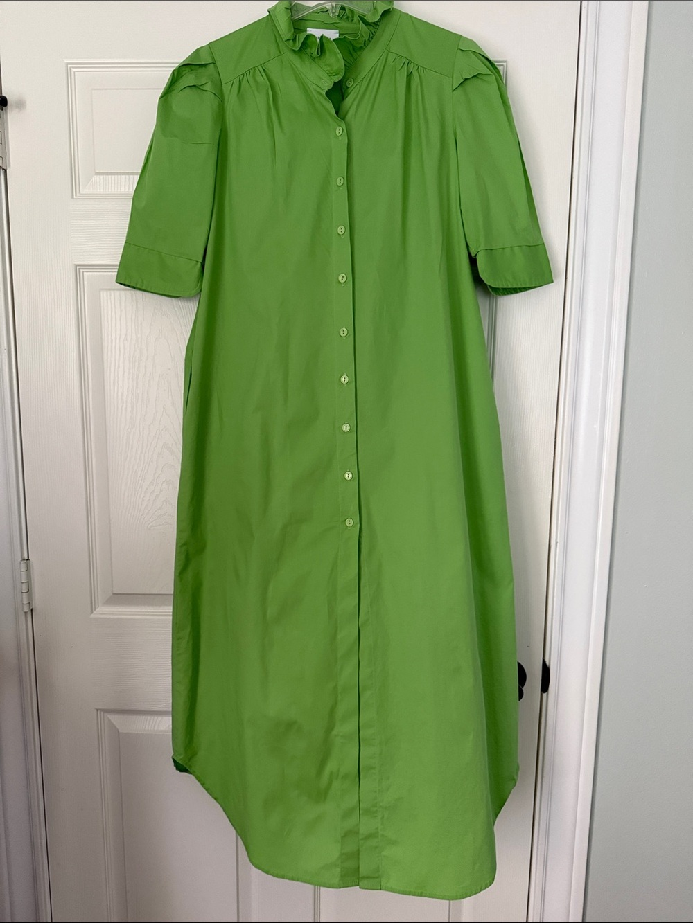 Adrienne Button-Front Maxi Dress in Vivid Green with Ruffle Neck